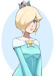  1girl alternate_hair_length alternate_hairstyle blue_dress blue_eyes blush breasts crown dress earrings francisco_mon hair_over_one_eye highres jewelry light_smile looking_ahead mario_(series) medium_breasts off-shoulder_dress off_shoulder one_eye_covered pink_lips rosalina short_hair solo star_(symbol) thick_lips upper_body 