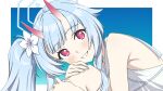  1girl :d aqua_hair bent_over bikini blue_archive brilliantko chise_(blue_archive) chise_(swimsuit)_(blue_archive) collarbone commentary_request flower from_side hair_between_eyes hair_flower hair_ornament halo head_tilt highres horns knees_up leg_hair long_hair looking_at_viewer looking_to_the_side official_alternate_costume official_alternate_hairstyle oni_horns red_eyes see-through_camisole side_ponytail sidelocks simple_background sleeveless smile solo striped striped_bikini swimsuit 