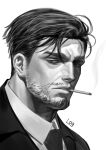  109ddong 1boy absurdres bara beard black_eyes expressionless facial_hair formal greyscale half-closed_eyes highres male_focus monochrome mustache necktie original parted_lips portrait short_hair sideburns smoke_trail smoking solo suit white_background 