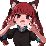  1girl :d aki_inu animal_ear_fluff animal_ears black_bow black_dress blush bow braid cat_ears claw_pose dress extra_ears fang hair_bow kaenbyou_rin long_hair looking_at_viewer open_mouth red_eyes red_hair red_nails short_sleeves simple_background skin_fang slit_pupils smile solo touhou twin_braids upper_body white_background 
