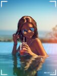  1girl a.x. battery_indicator bikini blurry blurry_background brown_hair closed_mouth cup dated drinking_straw evening holding holding_cup lake long_hair original outdoors partially_submerged round_eyewear smile solo sunglasses swimsuit viewfinder water white_bikini 