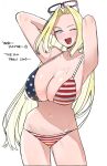  1girl american_flag american_flag_bikini american_flag_print bikini blonde_hair blue_eyes breasts cleavage collarbone english_text eyewear_on_head flag_print large_breasts long_hair looking_at_viewer navel ohasi open_mouth original print_swimsuit simple_background smile solo swimsuit white_background 