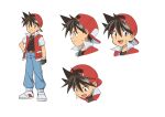  1boy belt belt_buckle brown_belt brown_eyes brown_hair buckle closed_mouth commentary_request fingerless_gloves gloves hat highres jacket male_focus multiple_views open_clothes open_jacket pants pokemon pokemon_adventures red_(pokemon) red_headwear sawa_(soranosawa) shirt shoes short_hair simple_background smile spiked_hair white_background white_footwear 