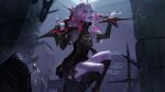  1girl ahoge artorias_(user_jgcc7782) bare_shoulders black_nails breasts briar_(league_of_legends) broken_door chained_wrists colored_sclera detached_sleeves door fingernails grey_hair hair_between_eyes hands_up highres kneehighs knife league_of_legends long_hair multicolored_hair nail_polish pink_hair pink_sclera pointy_ears sharp_fingernails sharp_teeth sitting small_breasts smile socks solo teeth tongue tongue_out two-tone_hair 