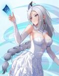  1girl alternate_costume blue_background breasts commentary cowboy_shot dealesis detached_sleeves dress earrings genshin_impact grey_eyes grey_hair hair_ornament hand_up head_tilt highres holding jewelry large_breasts long_hair ofuda shenhe_(genshin_impact) solo standing strapless strapless_dress very_long_hair white_dress 