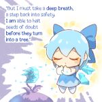  1girl blue_bow blue_dress blue_hair bow chibi cirno closed_mouth commentary dress english_commentary english_text full_body green_tea_reimu grey_background hair_bow highres ice ice_wings short_hair solo standing tears thorns touhou v-shaped_eyebrows wings 