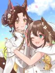 2girls ahoge animal_ears blue_eyes braid brown_hair buttons cape cat_ears choker copyright_name double-breasted dress fangs flower flying_sweatdrops fox_ears fujishiro_kokoa fumi_(6th_costume)_(nijisanji) fumi_(nijisanji) fumino_tamaki fumino_tamaki_(5th_costume) gloves hair_flower hair_ornament hand_on_another&#039;s_head hand_on_another&#039;s_shoulder highres long_hair long_sleeves multiple_girls nijisanji off_shoulder official_art one_eye_closed wavy_mouth white_cape white_choker white_dress white_gloves yellow_eyes yuri 