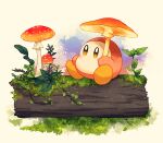  artist_name blush brown_eyes commentary fly_agaric grass holding holding_mushroom kirby_(series) kotori_(lycka) leaf log moss mushroom no_humans plant simple_background sitting sitting_on_log solo symbol-only_commentary twitter_username vines waddle_dee white_background 