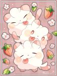  animal_focus artist_name border checkered_background closed_eyes colored_skin flower food fruit hanabusaoekaki highres leaf no_humans pokemon pokemon_(creature) red_background red_eyes solid_oval_eyes strawberry swirlix tongue tongue_out white_border white_flower white_skin 