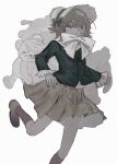  1boy alternate_costume bandages bandaid bow bowtie brown_footwear brown_skirt closed_mouth danganronpa:_trigger_happy_havoc danganronpa_(series) frills fujisaki_chihiro green_jacket hair_between_eyes hat hat_bow highres jacket kneehighs long_sleeves looking_at_viewer male_focus nail_polish otoko_no_ko pleated_skirt sema_(vivaviva_02) shoes simple_background skirt socks solo stuffed_animal stuffed_toy teddy_bear white_background white_bow white_bowtie white_headwear 