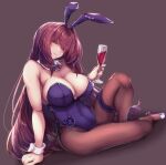  1girl alcohol animal_ears bare_arms bare_shoulders blush bow bowtie breasts cleavage commentary_request covered_navel cup detached_collar fake_animal_ears fate/grand_order fate_(series) full_body high_heels highres holding holding_cup large_breasts leotard looking_at_viewer official_alternate_costume pantyhose parted_lips playboy_bunny purple_bow purple_bowtie purple_eyes purple_footwear purple_hair purple_leotard purple_pantyhose rabbit_ears saboten_teishoku scathach_(fate) scathach_(piercing_bunny)_(fate) sile simple_background sitting smile solo thigh_strap thighs wine wrist_cuffs 