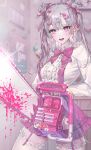  1girl :d absurdres blood blood_splatter blurry blurry_background blush bow bowtie breasts candy_hair_ornament center_frills chainsaw commentary cowboy_shot depth_of_field ear_piercing earrings food food-themed_hair_ornament frilled_shirt frilled_skirt frilled_thighhighs frills garter_straps grey_hair hair_between_eyes hair_ornament hair_ribbon hairclip heart heart-shaped_pupils heart_earrings heart_hair_ornament highres holding holding_chainsaw ice_cream jewelry lens_flare lollipop_hair_ornament long_hair long_sleeves looking_at_viewer medium_breasts open_mouth original piercing pink_bow pink_bowtie pink_eyes pink_ribbon pink_skirt pink_theme ribbon shirt skirt smile solo standing suspender_skirt suspenders symbol-shaped_pupils teeth thighhighs two_side_up upper_teeth_only white_shirt white_thighhighs x_hair_ornament yandere yumeno_yume zettai_ryouiki 