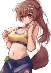  1girl absurdres animal_collar animal_ears bare_arms black_skirt blue_shorts blush breasts brown_eyes brown_hair collar dog_ears dog_girl dog_tail double-parted_bangs hair_ornament hairclip highres hololive inugami_korone large_breasts long_hair looking_at_viewer midriff navel official_alternate_costume official_alternate_hairstyle parted_lips pikipiki_piiman_(inugami_korone) ponytail red_collar shorts skirt solo sports_bra sportswear surprised sweat tail towel towel_around_neck virtual_youtuber whcamellia00 wiping_sweat yellow_sports_bra 
