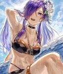  1girl :d abinosu0903 bikini black_bikini choker cloud fire_emblem fire_emblem:_three_houses fire_emblem_heroes fire_emblem_warriors:_three_hopes flower hair_flower hair_ornament hair_over_one_eye highres holding holding_surfboard jewelry long_hair looking_at_viewer necklace official_alternate_costume purple_eyes purple_hair shez_(female)_(fire_emblem) shez_(female)_(summer)_(fire_emblem) shez_(fire_emblem) sitting sky smile surfboard swimsuit 