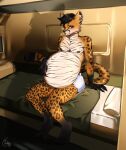  anthro bedroom belly big_belly cheetah felid feline fur hi_res male mammal nipples pregnant pregnant_male smile solo tail vore warhamon 