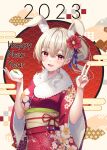  1girl 2023 animal_ears blonde_hair blush breasts flower hair_flower hair_ornament happy_new_year highres japanese_clothes kimono large_breasts looking_at_viewer nail_polish open_mouth original primamiya rabbit_ears rabbit_girl red_eyes red_kimono red_nails short_sleeves smile v 