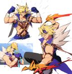  1boy 2found_2 animal_ears bandaged_arm bandages belt blonde_hair brown_belt clenched_hands closed_eyes fighting_stance fur_trim gloves headband highres holding_trophy league_of_legends male_focus official_alternate_costume open_clothes pants purple_gloves purple_headband purple_pants scar scar_on_chest scar_on_face scar_on_nose sett_(league_of_legends) short_hair smile solo soul_fighter_sett teeth trophy 