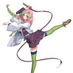  1girl arm_up belt belt_buckle braid buckle closed_mouth demon_slayer_uniform floating_hair full_body green_eyes green_hair green_thighhighs grey_belt haori highres holding holding_sword holding_weapon jacket japanese_clothes kanroji_mitsuri kimetsu_no_yaiba long_hair long_sleeves miniskirt mole mole_under_eye multicolored_hair open_clothes open_jacket peach_luo pink_hair pleated_skirt purple_jacket purple_skirt simple_background skirt smile solo standing standing_on_one_leg sword thighhighs tri_braids two-tone_hair very_long_hair weapon white_background zettai_ryouiki 