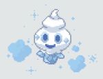  blue_eyes blue_sclera colored_sclera commentary english_commentary food frost full_body grey_background happy ice_cream looking_at_viewer no_humans open_mouth pixel_art pokemon pokemon_(creature) simple_background smile solo sparkle vanillite wisgarus 