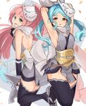  2girls alternate_costume aqua_hair armpits arms_up back_bow bare_shoulders black_gloves blue_eyes bow brown_eyes falling_leaves felicia_(fire_emblem) fingerless_gloves fire_emblem fire_emblem_fates flora_(fire_emblem) gloves haru_(nakajou-28) highres holding_shuriken japanese_clothes kuji-in kunai leaf leg_up looking_at_viewer mask mouth_mask multiple_girls ninja ninja_mask open_mouth pink_hair ponytail scarf shuriken siblings sisters thighhighs twins twintails weapon white_background white_bow white_scarf 