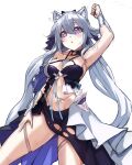 1girl absurdres animal_ear_fluff animal_ears arm_up breasts cat_ears cowboy_shot cream_bread dress grey_hair hair_between_eyes highres honkai_(series) honkai_impact_3rd kiana_kaslana kiana_kaslana_(herrscher_of_finality) large_breasts long_hair looking_at_viewer navel open_mouth purple_eyes simple_background solo triangle_mouth twintails very_long_hair white_background 