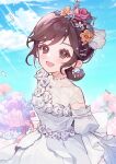  1girl blue_sky blush bouquet bow bow_earrings brown_eyes brown_hair dress earrings flower flower-trimmed_dress hair_flower hair_ornament hairclip jewelry lace_dress looking_at_viewer low_ponytail open_mouth pink_flower pink_rose project_sekai rose sha_(nz2) shinonome_ena short_hair sky smile solo wedding_dress white_dress yellow_flower yellow_rose 