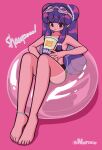  1girl anklet bare_arms bare_shoulders barefoot bead_anklet bikini black_bikini cup disposable_cup double_bun drinking_straw goggles goggles_on_head hair_bun highres innertube jewelry long_hair nail_polish pink_background purple_eyes purple_hair purple_nails ranma_1/2 sashimi_(adam026) shampoo_(ranma_1/2) simple_background sitting solo swim_goggles swimsuit toenail_polish toenails twitter_username 