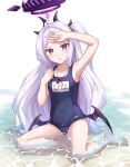  1girl :d ahoge arm_up armpits bare_legs barefoot beach blue_archive collarbone commentary_request demon_girl demon_horns demon_wings halo hand_on_own_head highres hina_(blue_archive) hina_(swimsuit)_(blue_archive) horns in_water long_hair looking_at_viewer machikado name_tag ocean official_alternate_costume official_alternate_hairstyle old_school_swimsuit one_side_up outdoors parted_bangs parted_lips purple_eyes school_swimsuit shallow_water sidelocks simple_background sitting sleeveless smile solo swimsuit toes wariza water wavy_hair whistle whistle_around_neck white_background white_hair wings 