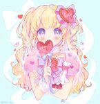  1girl blonde_hair blue_background blue_ribbon blush bow candy commentary_request covered_mouth cropped_torso food fur_collar hair_bow hair_ornament heart heart_hair_ornament heart_lollipop holding holding_candy holding_food holding_lollipop idol_time_pripara lollipop long_hair looking_at_viewer pink_bow pretty_series pripara puffy_short_sleeves puffy_sleeves purple_eyes ribbon ringlets shaped_lollipop short_sleeves solo touyama_soboro two_side_up valentine white_bow yumekawa_yui 