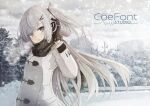  1girl allial_(coefont) black_gloves closed_mouth coat coefont commentary_request copyright_name forest gloves grey_eyes grey_hair hand_in_own_hair highres kaine_(gupisgood) long_hair long_sleeves looking_at_viewer nature one_side_up outdoors snow snowing solo upper_body white_coat winter_clothes 