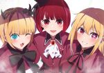  3girls :3 arima_kana ascot black_bow black_bowtie black_ribbon blonde_hair blue_eyes blunt_bangs blush bob_cut bow bowtie chromatic_aberration clenched_teeth collared_shirt commentary_request dated demon_horns fake_horns fang film_grain hair_between_eyes hat highres horns hoshino_ruby lens_flare light_particles long_hair looking_at_viewer memcho mini_hat mismatched_pupils multiple_girls neck_ribbon one_eye_closed open_mouth oshi_no_ko pink_eyes red_brooch red_hair red_shirt ribbon shade shirt short_hair short_sleeves sidelocks simple_background smile star-shaped_pupils star_(symbol) symbol-shaped_pupils teeth twitter_username upper_body w white_ascot white_background yuriru 
