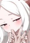  1boy 1girl ahoge black_horns blue_archive blush commentary finger_sucking half-closed_eyes hand_grab highres hina_(blue_archive) hitotose_rin horns long_hair looking_at_viewer pink_pupils pov pov_hands purple_eyes saliva solo_focus sweat symbol-only_commentary white_hair 