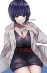  1girl artist_name belt black_dress black_hair breasts cleavage coat dress highres jewelry lab_coat looking_at_viewer necklace open_clothes open_coat persona persona_5 pppppknw red_belt red_eyes short_dress short_hair simple_background solo takemi_tae white_background white_coat 