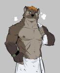  2023 9klipse abdominal_scar abs anthro biceps bodily_fluids clock gulonine hand_on_towel male mammal manly marten muscular mustelid musteline navel nipples pecs scar simple_background solo standing sweat sweatdrop towel towel_around_neck towel_around_waist towel_only triceps watch wristwatch 