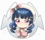  1girl beret blush chibi detached_sleeves dress earrings hat heart heart_necklace jewelry kikuchi_mataha long_hair looking_at_viewer love_live! love_live!_sunshine!! multicolored_hair necklace pink_ribbon purple_eyes ribbon sleeveless sleeveless_dress solo tsushima_yoshiko twintails upper_body white_dress 