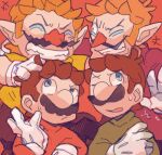  4boys blue_eyes brown_hair closed_eyes facial_hair gloves kayako_(bimabima) luigi mario mario_(series) multiple_boys mustache no_headwear one_eye_closed pointy_ears red_background sweatdrop waluigi wario white_gloves 