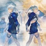  1boy 1girl ahoge album_cover alisaie_leveilleur alphinaud_leveilleur blue_jacket braid braided_ponytail brother_and_sister clenched_hands cover earclip elezen elf expressionless feet_out_of_frame final_fantasy final_fantasy_xiv fingerless_gloves from_side gloves hair_ribbon highres hood hood_down hooded_jacket jacket long_hair looking_ahead official_art pants people pointy_ears profile ribbon siblings single_braid symmetry twins walking white_gloves white_hair white_pants 