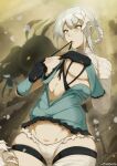  1girl ass_visible_through_thighs bandaged_arm bandages black_gloves braid breasts flower gloves grey_hair hair_flower hair_ornament large_breasts mouth_hold nier nier_(granblue_fantasy) nier_(series) nipples orphen_(pink_seito) panties short_hair skindentation standing underwear white_panties 