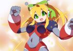  android antenna_hair armor bow breasts green_bow green_eyes kaidou_zx mecha mechanical_arms medium_breasts mega_man_(series) navel open_mouth ponytail robot roll_(mega_man) shoulder_pads sparkle super_robot 