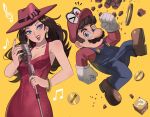  1boy 1girl 1other ?_block blue_overalls boots bow breasts brown_footwear brown_hair cappy_(mario) cleavage clenched_hands cocktail_dress coin dress earrings facial_hair gloves hat hat_bow hat_ribbon highres holding holding_microphone jewelry jourd4n long_hair looking_at_viewer mario mario_(series) microphone musical_note mustache one_eye_closed open_mouth orange_background overalls pauline_(mario) red_bow red_dress red_headwear red_nails red_ribbon red_shirt ribbon shirt short_hair simple_background sleeveless small_breasts super_mario_odyssey teeth upper_teeth_only white_gloves 