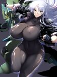  1girl absurdres black_bodysuit black_jacket bodysuit bouncing_breasts breasts clenched_hand covered_collarbone covered_navel covered_nipples cropped_jacket floating_hair gloves glowing glowing_eye green_eyes grey_hair haganef hair_between_eyes highres jacket looking_to_the_side mecha original partially_fingerless_gloves robot science_fiction skin_tight smile yellow_eyes 