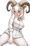  1girl animal_ears arm_behind_back black_hair blush breasts brown_horns coat colored_inner_hair covering covering_crotch curled_horns dall_sheep_(kemono_friends) double-parted_bangs fur-trimmed_coat fur-trimmed_sleeves fur_collar fur_trim gloves grey_hair groin hair_between_eyes highres horizontal_pupils horns jewelry kemono_friends large_breasts leaning_back legs_apart long_hair looking_at_viewer multicolored_hair naughty_face no_panties orange_eyes pendant puffy_coat sairen_blade sheep_ears sheep_girl sheep_horns simple_background sitting smile solo tan taut_clothes thighhighs tongue tongue_out twisted_torso white_background white_gloves white_hair white_thighhighs 