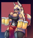  alcohol animal_humanoid anthro beer beverage black_outfit blonde_hair blue_eyes bovid bovid_humanoid bovine bovine_humanoid breasts brown_body brown_fur cattle female fur glass_of_beer hair half-closed_eyes hi_res horn humanoid long_hair mammal mammal_humanoid muscular narrowed_eyes scar simple_background smile solo tail thick_thighs waiter waitress_uniform z_dragon 