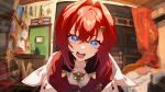  +_+ 1girl ange_katrina badge binnaga_maguro cardigan commentary_request eyelashes hair_between_eyes hair_intakes hair_ornament head_tilt highres jewelry lapels leaning_in looking_at_viewer necklace nijisanji off_shoulder open_mouth red_cardigan red_hair short_hair solo virtual_youtuber 