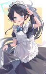  1girl :d absurdly_long_hair absurdres apron aris_(blue_archive) aris_(maid)_(blue_archive) black_dress black_hair blue_archive blue_eyes blush curtsey dress frilled_apron frills halo hand_up highres long_dress long_hair looking_at_viewer maid maid_apron maid_headdress open_mouth petticoat puffy_short_sleeves puffy_sleeves ri_yonn ringed_eyes salute short_sleeves side_ponytail skirt_hold smile solo striped vertical_stripes very_long_hair waving white_apron wrist_cuffs 