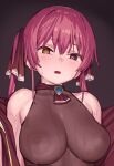  1girl bare_shoulders blush breasts cleavage hair_between_eyes heterochromia hololive houshou_marine nipples open_mouth orange_eyes purple_hair red_eyes see-through solo sweat tenchisouha virtual_youtuber 