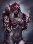  1girl armor arrow_(projectile) bikini_armor blonde_hair breasts cleavage elf gauntlets gradient_background highres hood hood_up large_breasts long_hair navel pointy_ears prywinko quiver red_hood skull_ornament solo sylvanas_windrunner warcraft web_address world_of_warcraft 