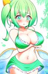  1girl arm_under_breasts bikini blush breasts cleavage commentary cowboy_shot daiyousei fairy_wings frilled_bikini frills green_bikini green_eyes gyuta highres large_breasts leaf navel one_side_up open_mouth outdoors pointy_ears side_ponytail solo standing sweatdrop swimsuit touhou wings 
