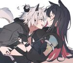  2girls ambience_synesthesia animal_ear_fluff animal_ears arknights black_gloves black_hair black_jacket black_shirt closed_mouth colored_inner_hair commentary crop_top ear_piercing gloves grabbing_another&#039;s_hair hair_ornament jacket lappland_(arknights) long_hair midriff multicolored_hair multiple_girls official_alternate_costume open_clothes open_jacket open_mouth partially_fingerless_gloves piercing red_hair seri_(vyrlw) shirt short_hair simple_background sweatdrop symbol-only_commentary tail texas_(arknights) white_hair wolf_ears wolf_girl wolf_tail yellow_eyes yuri 