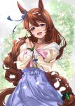  1girl animal_ears blue_eyes blue_skirt blush braid braided_bangs breasts brown_hair cleavage commentary_request flower hair_between_eyes high-waist_skirt highres holding holding_flower horse_ears horse_girl horse_tail large_breasts long_hair looking_at_viewer multicolored_hair off-shoulder_shirt off_shoulder open_mouth own_hands_clasped own_hands_together shirt single_braid skirt solo streaked_hair super_creek_(umamusume) tail umamusume very_long_hair yellow_shirt youmou_usagi 